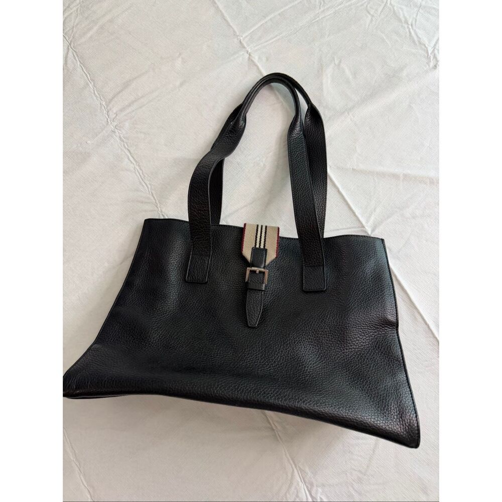 Burberry London Black Pebbled Leather Tote Shoulder Bag Nova Stripe Trim Large